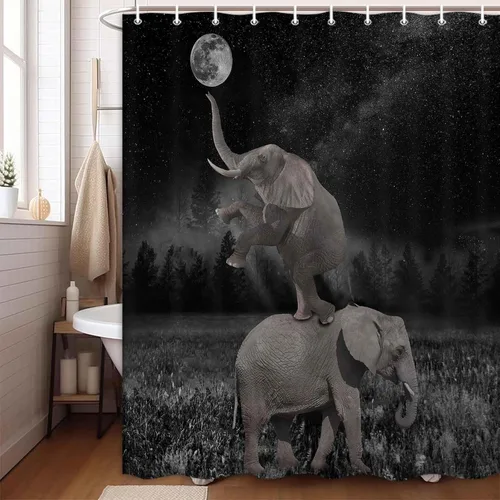 Vista 6 de Boziqr Divertidas cortinas de ducha para baño, bonita cortina de baño de elefante, luna, bosque, decoración rústica de granja, tela de poliéster