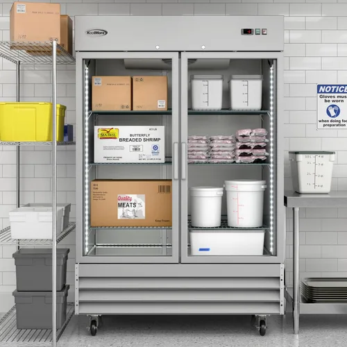 Vista 4 de KoolMore Congelador vertical comercial de acero inoxidable con puertas de vidrio de cierre automático, 6 estantes de almacenamiento, ruedas
