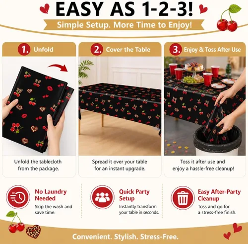Vista 5 de 3 manteles de plástico desechables de 54 x 108 pulgadas, estampado de leopardo rojo y negro con labios rojos, manteles impermeables para cumpleaños