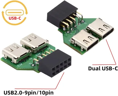 Vista 4 de Puertos duales USB 3.1 tipo C USB-C hembra a USB 2.0 placa madre 9pin 10pin adaptador de cabecera PCBA 480Mbps