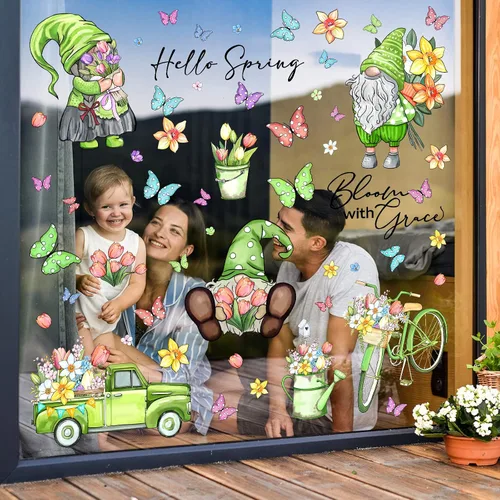 Vista 4 de Whaline 106 calcomanías de PVC reutilizables para ventana de primavera, acuarela, gnomo, mariposa, flores, calcomanías de PVC reutilizables