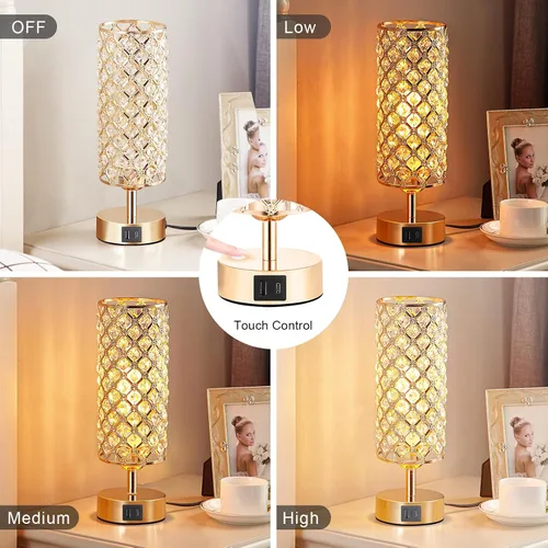Vista 2 de Lámpara de mesa de cristal, lámpara dorada para dormitorio con puertos de carga USB-C y USB-A, luz regulable de 3 vías con pantalla de cristal