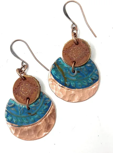 Vista 3 de Boho Leather Stamped Scroll & Turquoise Rust Hammered Copper Earrings
