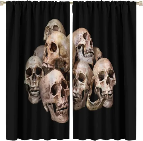 Vista 31 de Cortinas de cabeza de calavera, calavera blanca y rosas rojas con ramas y hojas negras, cortinas opacas decorativas para sala de estar, dormitorio