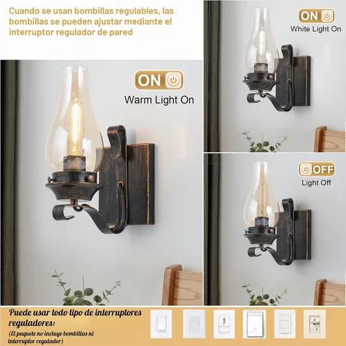 Vista 8 de Yisuro Aplique de Pared con Cable, Aplique de Pared de Bronce Cepillado con Cable para Interior, Lámparas de Pared Retro Rústicas con Vidrio Ámbar