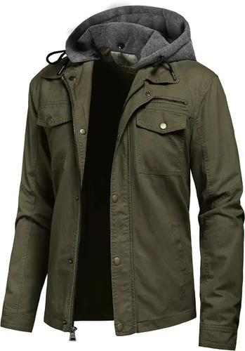 Vista 15 de Pursky Chaqueta de lona de algodón militar casual para hombre con capucha desmontable