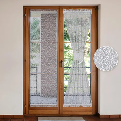 Vista 9 de Juego de 2 cortinas traslúcidas blancas para puerta francesa, 25 x 72 pulgadas, cortinas de gasa de encaje con ramas y hojas botánicas para patio