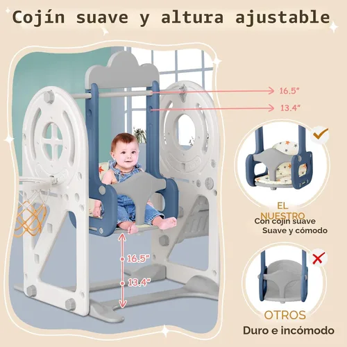 Vista 5 de BIERUM Tobogán para niños pequeños de 1 a 3 años con aro de baloncesto y columpio, tobogán de bebé para niños, regalo ideal, parque