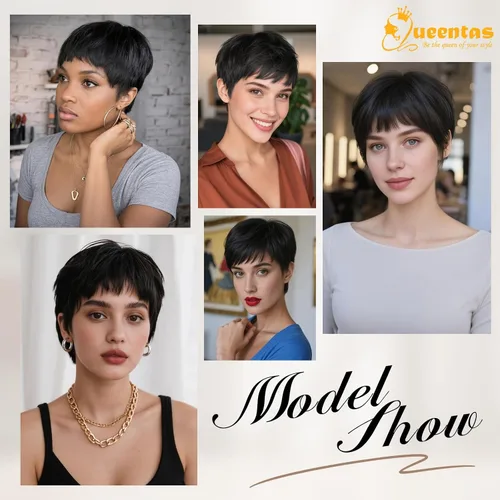 Vista 4 de Peluca sintética sin pegamento con capas Pixie corto para mujer, color negro, para uso diario, Cosplay
