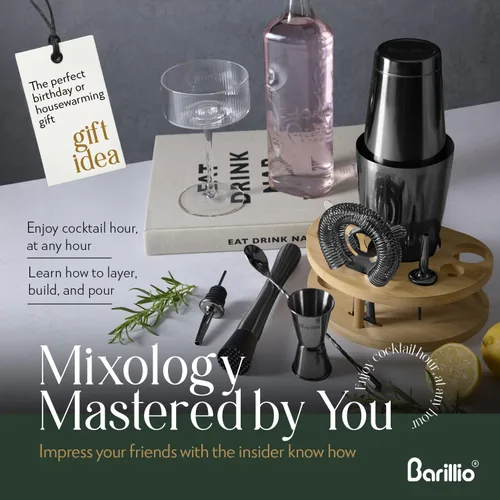 Vista 3 de Barillio Black Mixology - Kit de barman con soporte, juego de coctelera con soporte de bambú, coctelera Boston, Mojito Muddler y cuchara mezcladora