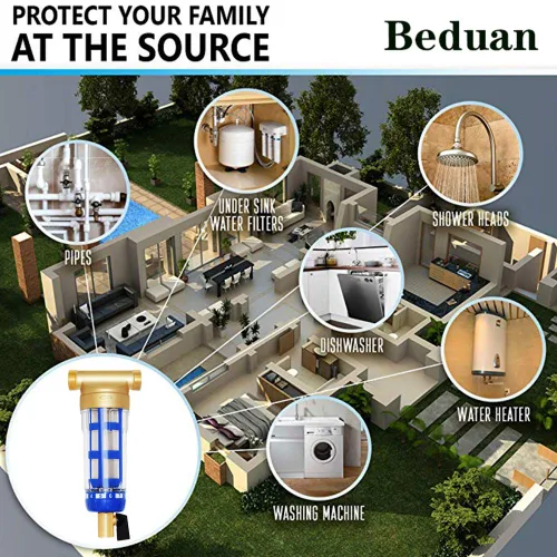 Vista 7 de Beduan Filtro de agua de sedimentos para toda la casa, protector de sistema de prefiltro reutilizable de 50 micrones, rosca macho de 1/2 pulgada