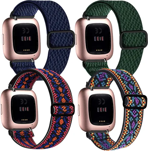 Vista 7 de Paquete de 4 bandas elásticas compatibles con pulseras Fitbit Versa y Versa 2, correas de repuesto elásticas ajustables de nailon suave para mujeres