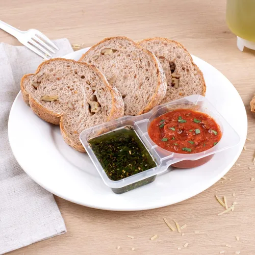 Vista 7 de Futura - Recipientes para aperitivos de 5 onzas, 100 recipientes para salsa para microondas, 2 compartimentos, tapa con bisagras, vasos de plástico