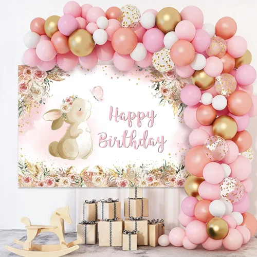 Vista 5 de MEHOFOND Fondo floral de cumpleaños para niñas, acuarela, bohemio, flores, conejo, día de Pascua, fotografía de fondo, pancarta de feliz cumpleaños