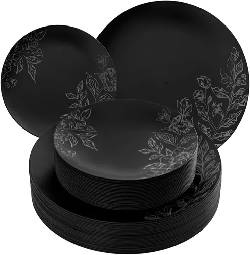 Vista 18 de EI - Juego de 60 platos de plástico color crema, cena de 10.25 pulgadas y platos florales de postre de 7.5 pulgadas, elegantes platos de plástico