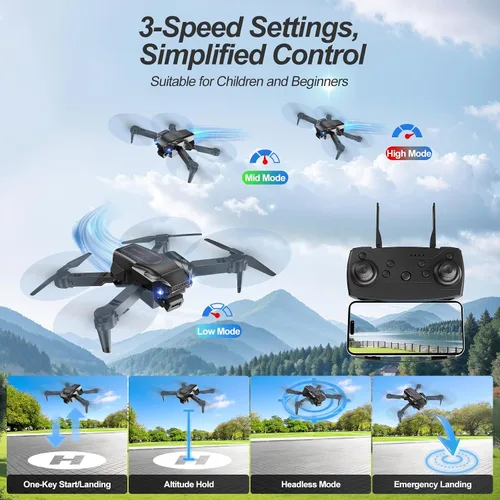 Vista 6 de QIDUHUQI Drone con cámara HD 1080P con control remoto, dron plegable para adultos y principiantes, modo sin cabeza, retención de altitud, inicio