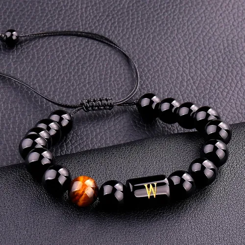 Vista 114 de SUMMER LOVE Regalos para el Día del Padre, pulsera con inicial de piedra de ónix negro de 0.394 pulgadas para hombres, pulsera de cuerda trenzada