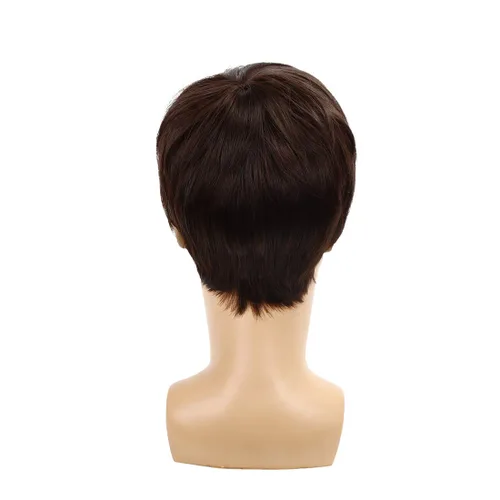 Vista 4 de Peluca corta marrón para hombre, cabello natural, repuesto sintético, disfraz de Halloween, pelucas completas Marrón oscuro