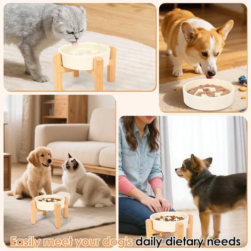 Vista 5 de Cuenco de cerámica para perros de raza pequeña, cuenco de alimentación lenta para perros con soporte de bambú, diseño de laberinto de rompecabezas