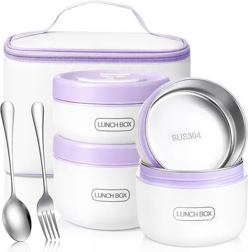 Vista 9 de Dandat 4 Piezas Caja Bento Aislada Contenedor Portátil de Acero Inoxidable para Alimentos Redondo Apto para Microondas Apilable A Prueba de Fugas