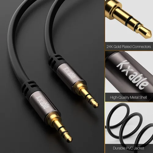 Vista 2 de Kxable - Cable de audio auxiliar estéreo de 3,5 mm (4 pies, paquete de 2), macho a macho, conectores chapados en oro, núcleo OFC, cable negro