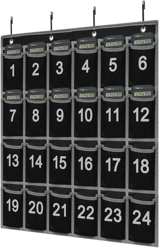 Vista 4 de Eamay 24 organizadores de bolsillo numerados para el aula para teléfonos celulares y calculadoras, soporte de montaje en pared o puerta, organizador