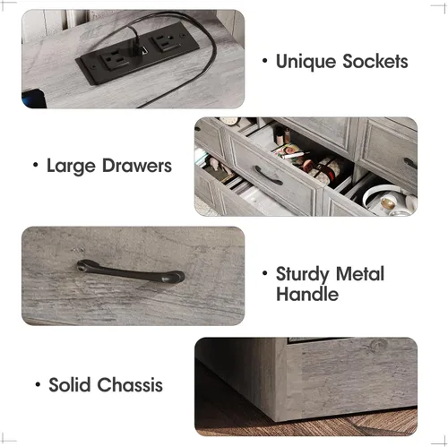 Vista 5 de Fameill - Cómoda para dormitorio, organizador de 9 cajones con estación de carga, cómoda alta para pasillo, cómoda de madera con tiradores de metal