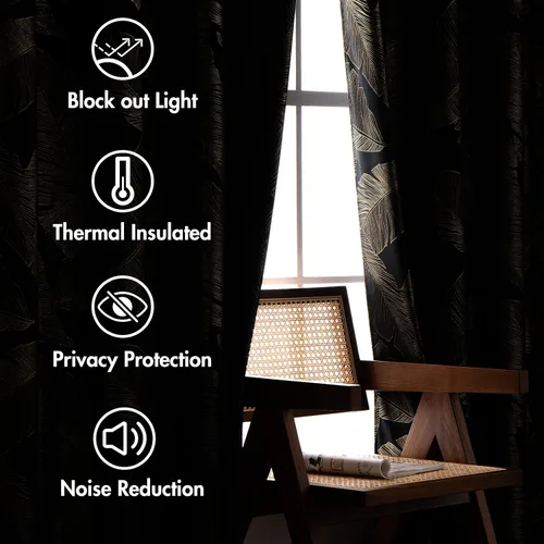 Vista 5 de MIULEE Cortinas opacas de terciopelo negro de 84 pulgadas de largo, juego de 2 paneles de cortinas estampadas con estampado de hojas doradas
