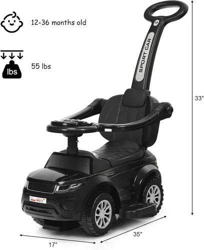 Vista 7 de Costzon 3 en 1 Coche de Paseo y Empuje, Carriola Deslizante con Bocina, Música, Luz, Almacenamiento Bajo el Asiento, Mango Parental, Barreras