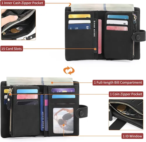 Vista 6 de RNIEGA Cartera pequeña de cuero plegable para mujer, con bloqueo RFID, con tarjetero y ventana de identificación, monedero