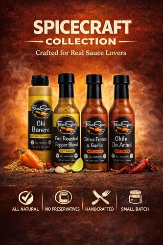 Vista 4 de Fresco Sauce - Fabulosa Caja de Regalo de Salsa Picante Paquete de 4 - Mostaza Chi Banero - Mezcla de Pimienta Asada al Fuego - Ajo Cítricos Fresno