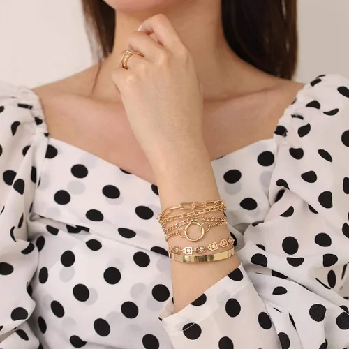 Vista 4 de Pulsera de mano italiana gruesa de oro Figaro con cadena delicada para mujeres y niñas, 6 unidades (dorado), Talla única, aleación