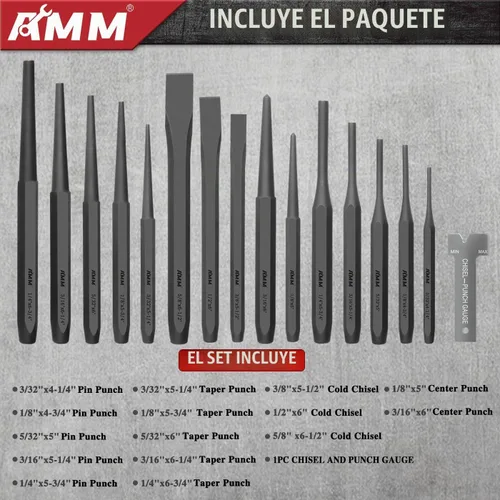 Vista 2 de AMM - Juego de cinceles de perforación de alta resistencia, 16 piezas, Cr-V para metal y madera automotriz