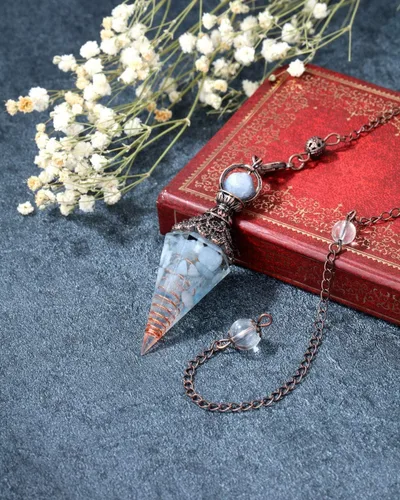 Vista 2 de MANIFO Péndulo de cristal de resina de aguamarina de 6 puntos facetados, péndulos curativos Reiki para radiestesia, Scrying Adivinación Meditación