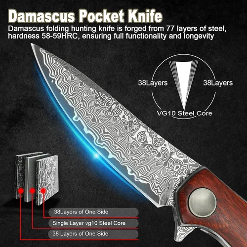 Vista 2 de Cuchillo de bolsillo plegable de Damasco AUBEY hecho a mano con clip para hombres, cuchillo de caza de Damasco EDC con bloqueo de vástago para Mango