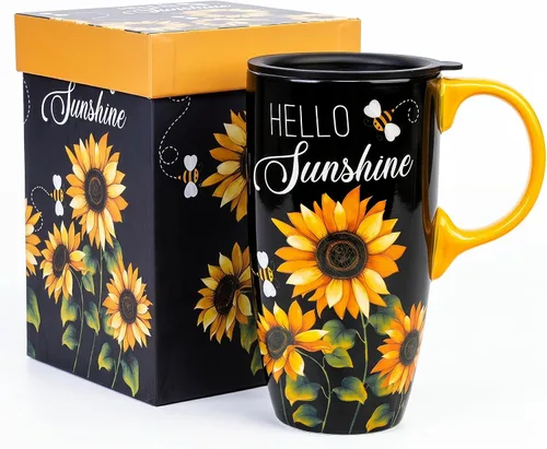 Vista 11 de Taza de café de cerámica de 17 onzas con tapa, taza de viaje de porcelana floral de margarita, taza de café alta con asa, apta para microondas
