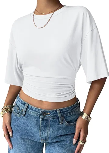 Vista 2 de Sampeel Camisetas cortas de verano 2026 a la moda, manga corta de murciélago, cintura fruncida, ajustadas, básicas, para salir, camisetas de moda