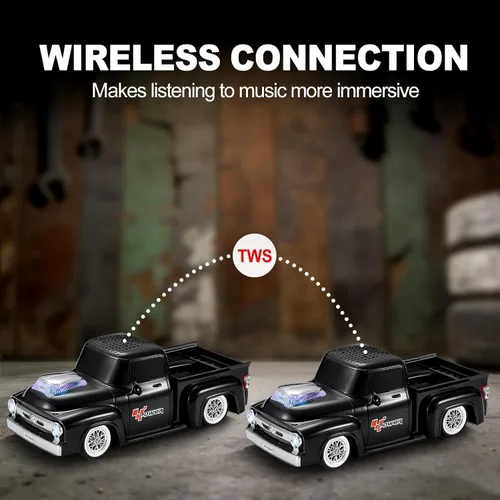 Vista 3 de Altavoz Bluetooth para camioneta vintage, modelo de camión retro con sonido HD, micrófono integrado, luces LED de fiesta, doble emparejamiento TWS