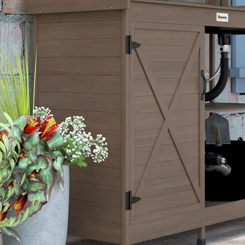 Vista 9 de Outsunny Banco de Jardinería Exterior de Madera con Mesa y Fregadero y Grifo, Estación de Trabajo de Jardín con Gabinete de Almacenamiento, Estantes