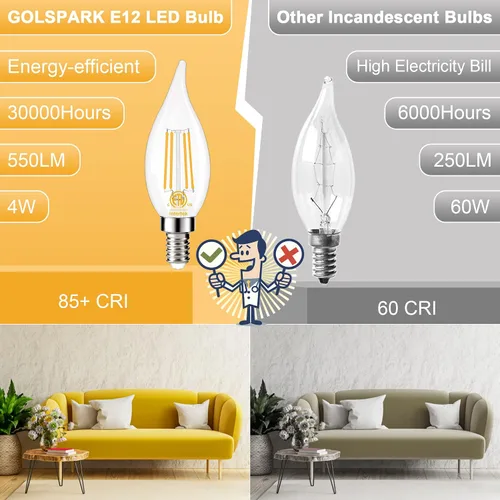 Vista 5 de GOLSPARK E12 Chandelier LED Light Bulbs 60W Equivalent 2700K Warm White Type B, B11 550LM, 120V, CRI85+, Dimmable, Vintage Filament Flame Tip
