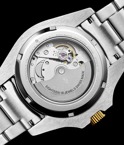 Vista 5 de HENRY JAY Aquamaster - Reloj de buceo suizo automático para hombre con cuerda automática chapado en oro de 23 quilates dos tonos acero inoxidable