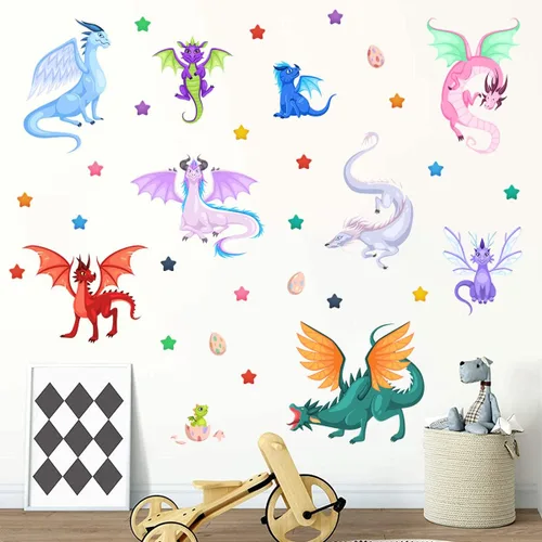 Vista 7 de Calcomanías creativas de pared de dragón de hadas, dibujos animados, alas grandes, dragones, huevos, estrellas, calcomanías de pared fáciles
