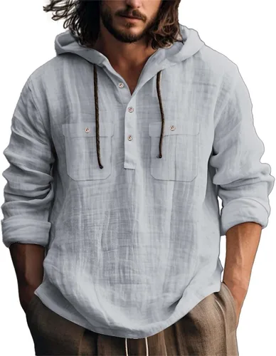 Vista 20 de Camisas de lino para hombre, ligeras, con botones, de manga larga, con capucha, ajuste regular, de algodón, para la playa