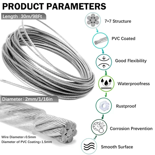 Vista 3 de Sistema de suspensión de alambre para cortinas de metal de 1/16", 100 pies 7×7 hebras de acero inoxidable 304 con revestimiento de vinilo, tensores