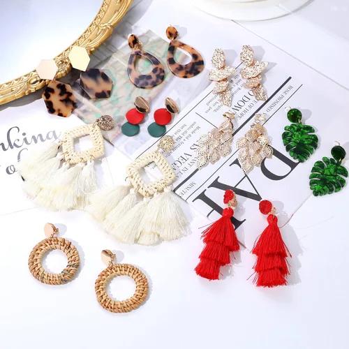 Vista 5 de Jstyle Juego de 9 pares de aretes de clip para mujer, diseño bohemio, resina de ratán acrílico, borla de gota, aretes de clip geométricos, ligeros