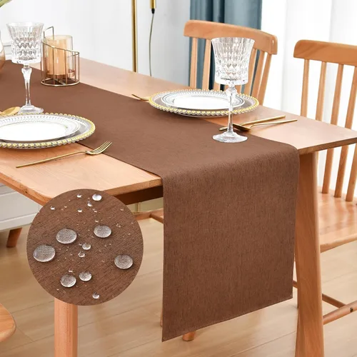 Vista 9 de Faux Linen Small Table Runner Water Resistant 13 x 36 in, Brown Farmhouse Short Table Runners, Coffee Table Runner, Dresser Runners for Bedroom