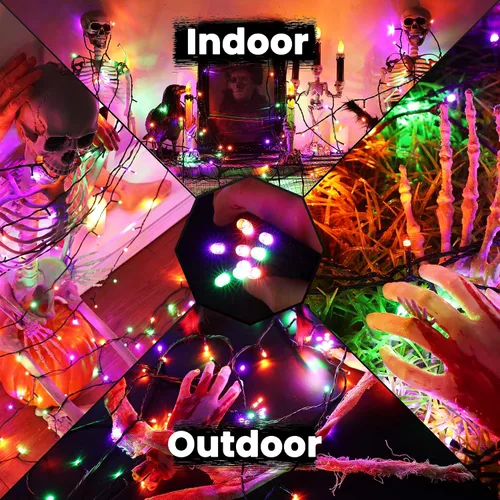 Vista 8 de Luces de Halloween - Tira de luces naranjas, verdes y moradas con 8 modos, guirnalda resistente al agua de 82 pies con 200 luces LED para decoración