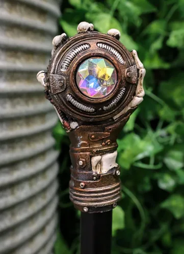 Vista 8 de Ebros Steampunk esqueleto agarrando a mano el mal de ojo con engranajes de reloj esculpidos, bastón de bastón de bastón de 38 pulgadas de largo