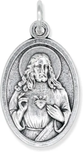 Vista 3 de Paquete de 5 medallas del Corazón de María y el Sagrado Corazón de Jesús Colgantes católicos oxidados de plata de 1 pulgada para collar y rosario