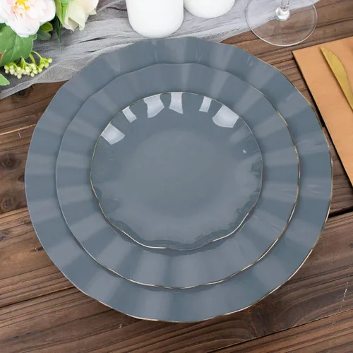 Vista 145 de Tableclothsfactory Paquete de 10 platos redondos de plástico negro de 6 pulgadas para ensalada de postre, platos desechables con borde ondulado